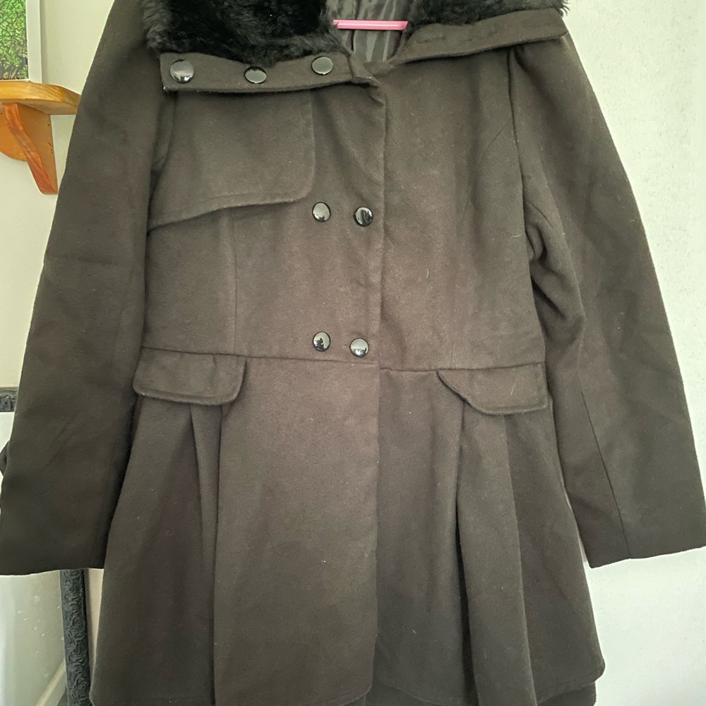 zeagoo Women's Black Pea Coat with Faux Fur Collar